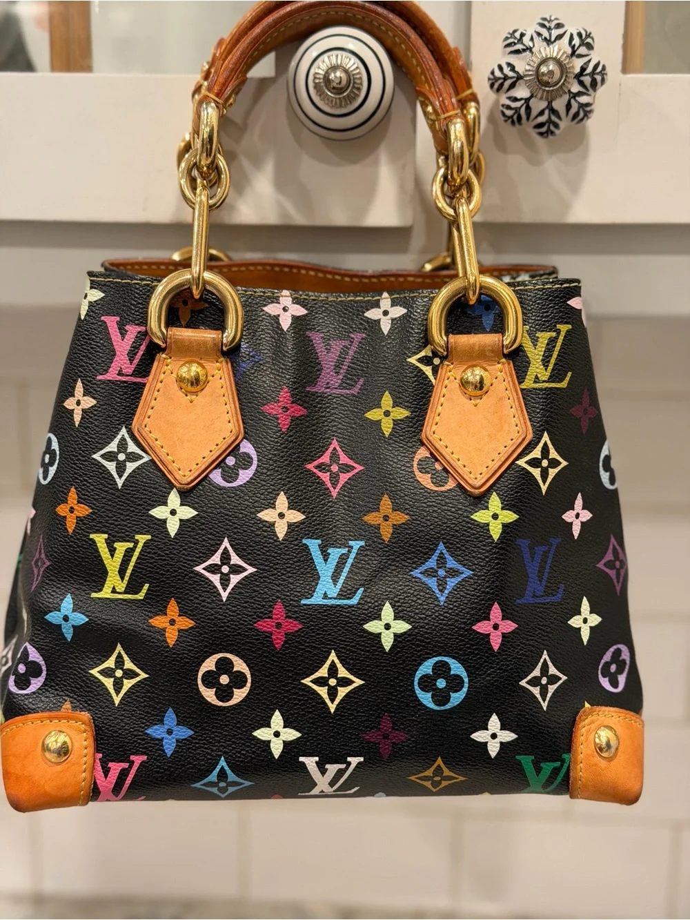 Louis Vuitton Black Multicolor Monogram Satchel with Tan Leather Trim